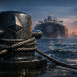 Ethereum logo anchored to a dock as a Bitcoin-marked tanker approaches through turbulent waters, symbolizing Ethereum gaining strength over Bitcoin amid shifting global markets during US-Iran tensions