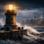Bitcoin lighthouse in a stormy sea facing a city skyline, symbolizing renewed Fed rate hike bets testing Bitcoin’s macro outlook
