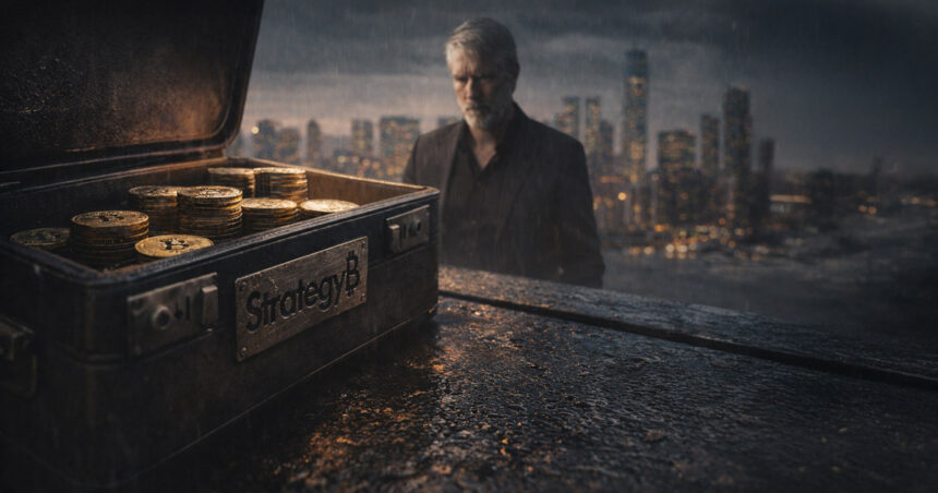 Bitcoin mining scene with a large BTC embedded in rock and industrial rigs in the background, symbolizing Strategy accumulating 66,231 Bitcoin in 68 days as STRC quietly funds the buying surge