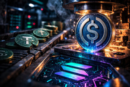 USDC coin being stamped in an industrial press above a glowing Solana circuit board while Tether USDT coins move along a conveyor, illustrating Circle’s USDC processing more crypto transaction flow despite Tether holding larger cash reserves