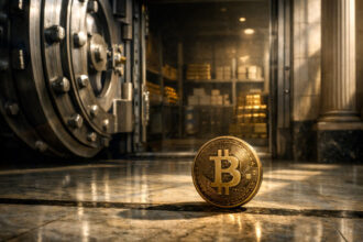 Bitcoin coin standing on the floor of a bank vault with a massive open safe door and gold reserves behind it, symbolizing the Federal Reserve’s decision on whether Bitcoin remains outside the traditional banking system