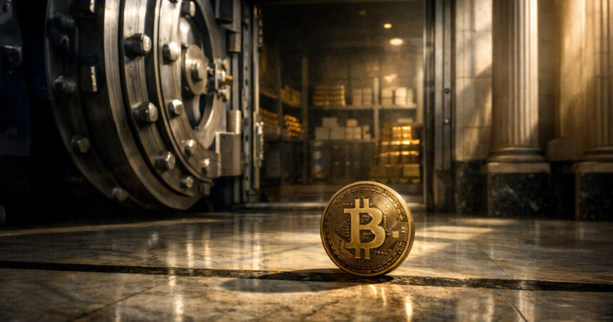 Bitcoin coin standing on the floor of a bank vault with a massive open safe door and gold reserves behind it, symbolizing the Federal Reserve’s decision on whether Bitcoin remains outside the traditional banking system