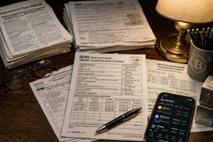 IRS Form 1099-DA beside crypto account records and a phone portfolio app, showing how 2025 coin swaps and sales can still be reported for tax filing