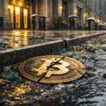 Cracked Bitcoin coin in a rain-soaked curbside gutter outside a financial district building as Wall Street continues on unfazed