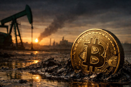 Bitcoin mining scene with a large BTC embedded in rock and industrial rigs in the background, symbolizing Strategy accumulating 66,231 Bitcoin in 68 days as STRC quietly funds the buying surge