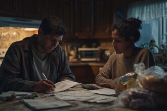 Couple reviewing bills at a kitchen table during rising costs, illustrating stagflation pressures and why Bitcoin holders need to understand its impact