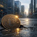 Bitcoin coin resting in a cracked city street at sunrise, reflecting a drop to $65,000 followed by early signs of recovery in the new trading week