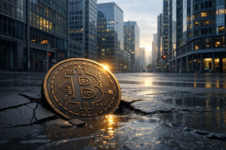 Bitcoin coin resting in a cracked city street at sunrise, reflecting a drop to $65,000 followed by early signs of recovery in the new trading week