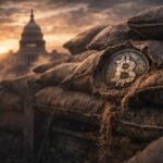 Worn Bitcoin embedded in sandbags near the U.S. Capitol at sunset, symbolizing a weakening Federal Reserve liquidity backstop as global focus remains on oil prices