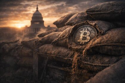 Worn Bitcoin embedded in sandbags near the U.S. Capitol at sunset, symbolizing a weakening Federal Reserve liquidity backstop as global focus remains on oil prices