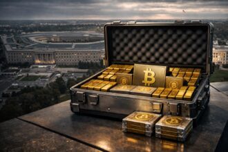 Briefcase filled with gold bars and Bitcoin in front of the Pentagon, symbolizing a $200 billion Iran war bill equated to millions of BTC
