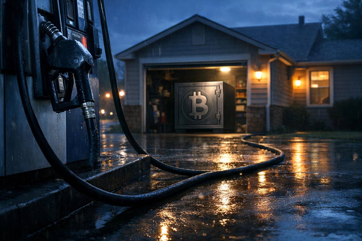 Gas pump connected to a home garage with a Bitcoin safe, symbolizing how rising fuel costs and mortgage rates are impacting Bitcoin holders