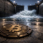 Bitcoin symbol on a wet industrial floor as floodgates surge ahead, illustrating the dollar squeeze holding back BTC despite rising global money supply
