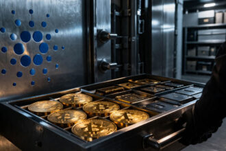 Vault tray filled with Bitcoin and cash beside a Cardano symbol, illustrating the Cardano Foundation increasing BTC and fiat reserves over ADA