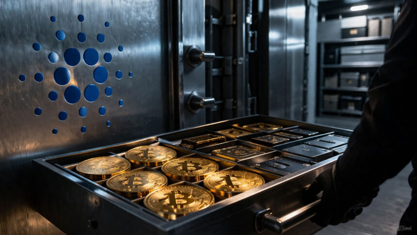Vault tray filled with Bitcoin and cash beside a Cardano symbol, illustrating the Cardano Foundation increasing BTC and fiat reserves over ADA