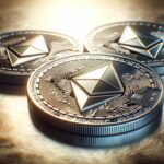 three coins with ethereum logo printed on them