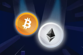 Bitcoin and Ethereum logos falling with light trails on dark background