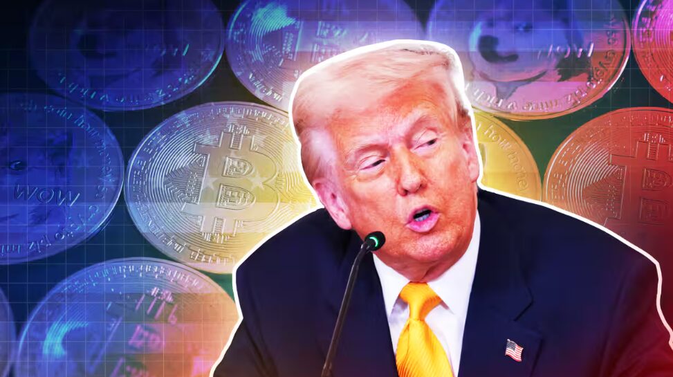 Trump portrait against colorful cryptocurrency background
