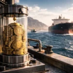 Congressional hearing room with U.S. documents and a dollar coin in the foreground as a woman pays by phone, symbolizing stablecoins becoming easier to use while Bitcoin still awaits regulatory clarity