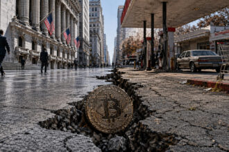 Bitcoin coin lodged in a deep crack between Wall Street and a rundown gas station street, symbolizing fragile markets as record highs clash with collapsing consumer confidence