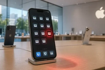 iPhone displaying suspicious wallet-style app icons with one glowing red inside an Apple Store, symbolizing concerns over fake crypto apps on the App Store under new leadership