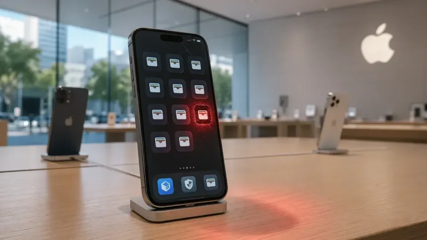 iPhone displaying suspicious wallet-style app icons with one glowing red inside an Apple Store, symbolizing concerns over fake crypto apps on the App Store under new leadership