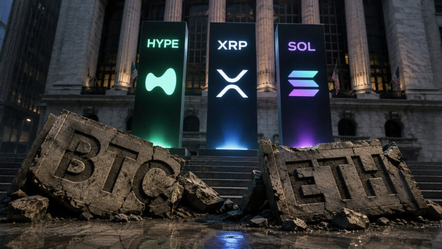 Broken Bitcoin and Ethereum ETF monuments beneath glowing HYPE, XRP, and Solana symbols illustrating investor rotation away from BTC and ETH funds into alternative crypto assets
