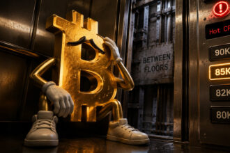 Worried Bitcoin character trapped in an elevator between price levels after hot CPI inflation data raised fears of renewed interest rate hikes