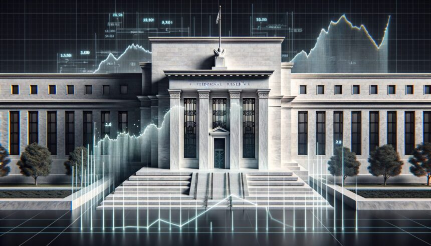 Federal Reserve building with economic chart overlay