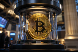 Bitcoin secured inside a trading vault on Wall Street symbolizing Nasdaq Bitcoin options approval and the ongoing institutional battle over crypto market access and regulation