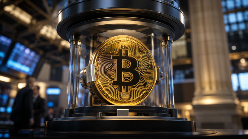Bitcoin secured inside a trading vault on Wall Street symbolizing Nasdaq Bitcoin options approval and the ongoing institutional battle over crypto market access and regulation