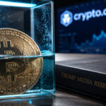Bitcoin partially submerged in water beside a Trump Media reserve binder and Crypto.com display, symbolizing mounting pressure on the company’s underwater BTC holdings
