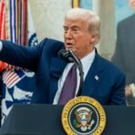 Trump speaking at White House podium about tariffs