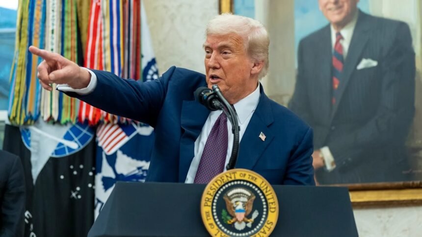 Trump speaking at White House podium about tariffs