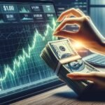 Hand holding cash next to stock market chart showing upward trends