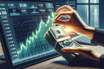Hand holding cash next to stock market chart showing upward trends