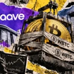 Editorial collage of a Bitcoin symbol secured in an industrial lifting cage with WBTC markings, Aave branding, a vault, and a market observer.