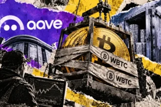 Editorial collage of a Bitcoin symbol secured in an industrial lifting cage with WBTC markings, Aave branding, a vault, and a market observer.