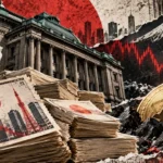 Torn-paper collage of the Bank of Japan, Japanese equity documents and Bitcoin illustrating potential cross-market risk.