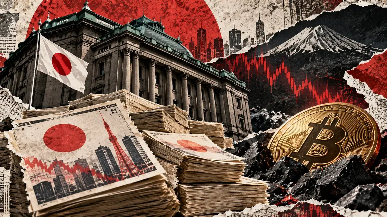 Torn-paper collage of the Bank of Japan, Japanese equity documents and Bitcoin illustrating potential cross-market risk.