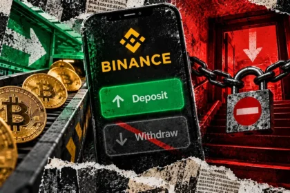 A Binance smartphone shows deposits enabled and withdrawals disabled beside a chained exit in a red and green editorial collage.