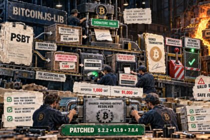 Editorial collage showing a PSBT passing separate signing and fee-checking rails, where missing or conflicting input values hide the true Bitcoin miner fee before patched bitcoinjs-lib versions correct the calculation.