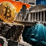 A large Bitcoin coin faces an S&P 500 stock-exchange building across a collapsing bridge over a deep blue void with sinking coins.