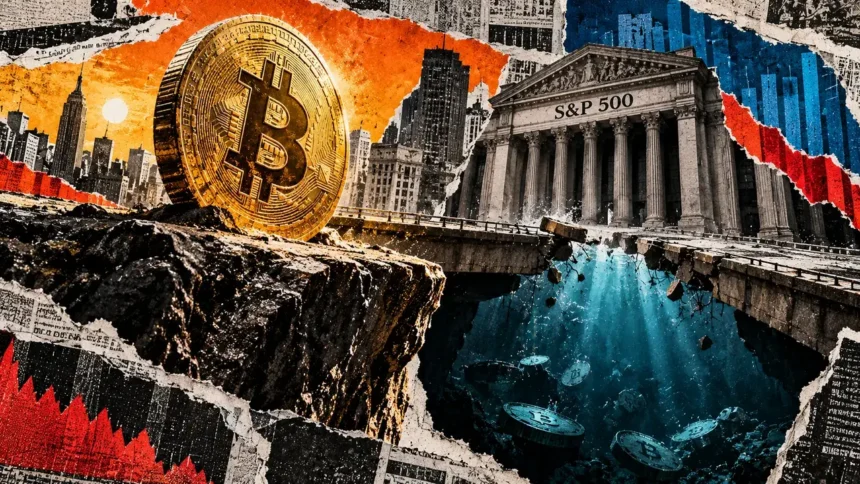 A large Bitcoin coin faces an S&P 500 stock-exchange building across a collapsing bridge over a deep blue void with sinking coins.
