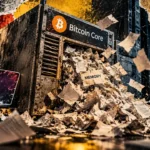 A Bitcoin Core server overflows with memory papers beside Windows and Apple laptops, while a Linux penguin appears on a separate panel.