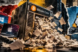 A Bitcoin Core server overflows with memory papers beside Windows and Apple laptops, while a Linux penguin appears on a separate panel.