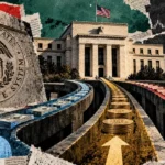 Editorial collage of three separate financial pathways carrying cash, coins, and Treasury papers toward the Federal Reserve building