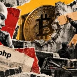 Editorial collage of workers patching a damaged wall beside server racks, with a robot, Bitcoin symbol, and PHP code.