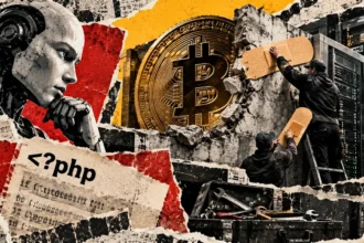 Editorial collage of workers patching a damaged wall beside server racks, with a robot, Bitcoin symbol, and PHP code.