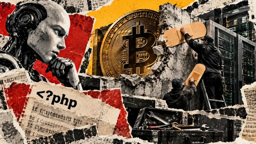 Editorial collage of workers patching a damaged wall beside server racks, with a robot, Bitcoin symbol, and PHP code.